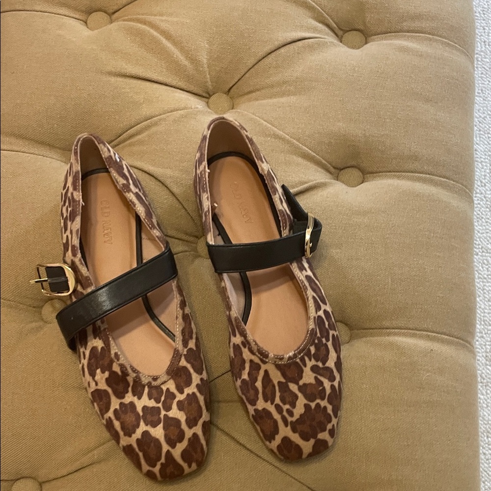 Old Navy Leopard Print Flats with Black Strap and Gold Buckle